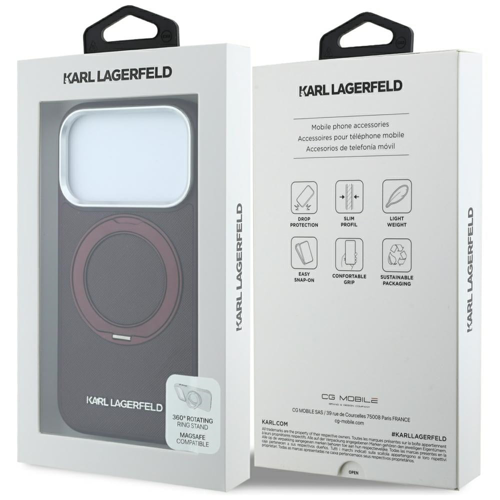 Etui MagSafe do Apple iPhone 18 Pro / 17 Pro, Karl Lagerfeld, Ring Stand 360 Saffiano, bordowe