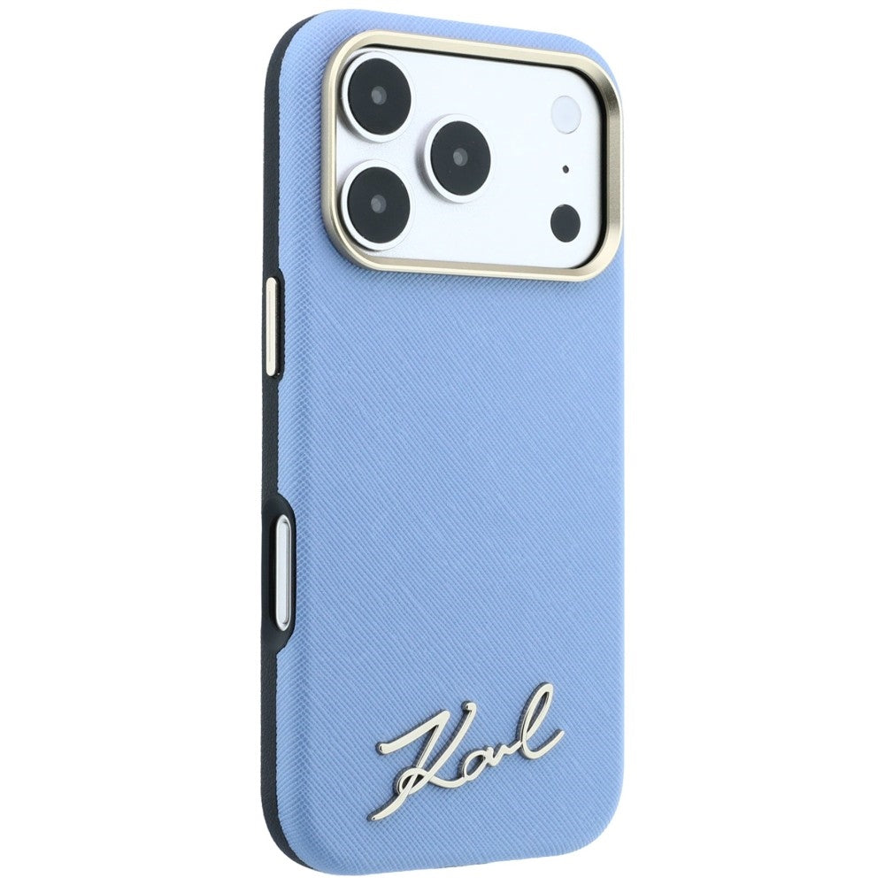 Etui MagSafe do Apple iPhone 18 Pro / 17 Pro, Karl Lagerfeld, Saffiano Small Script Metal Logo, Bleu