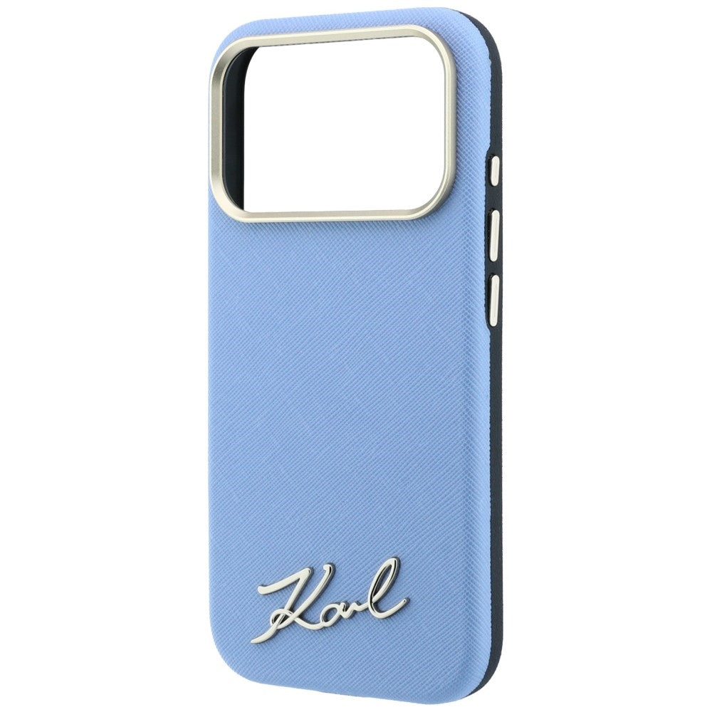 Etui MagSafe do Apple iPhone 18 Pro / 17 Pro, Karl Lagerfeld, Saffiano Small Script Metal Logo, Bleu