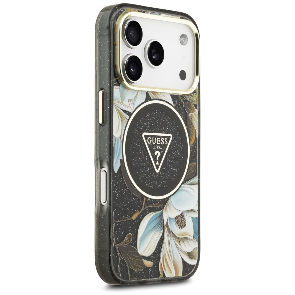 Etui MagSafe do Apple iPhone 18 Pro, Guess, IML Metal Glitter Flowers Triangle, czarne