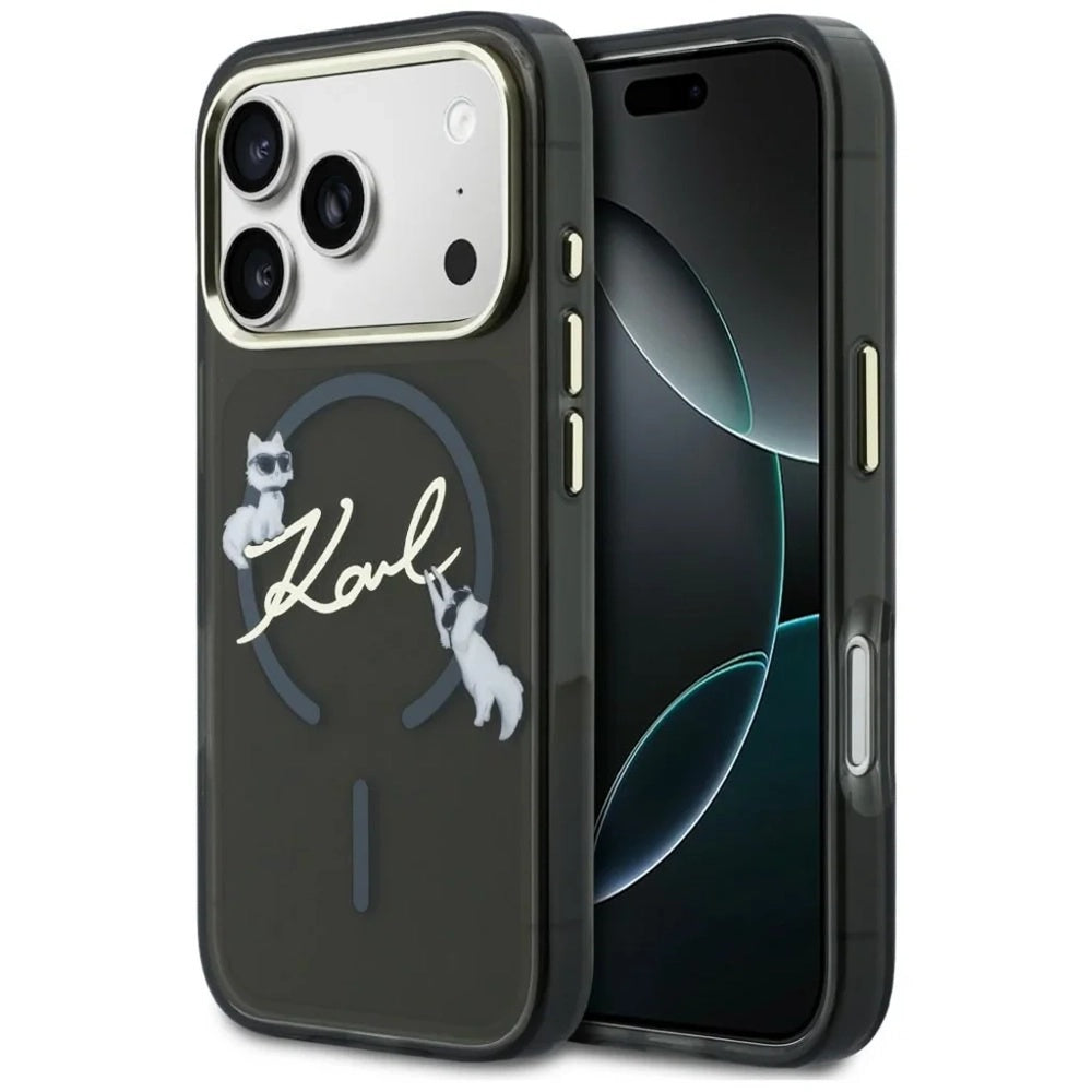Etui MagSafe do Apple iPhone 18 Pro, Karl Lagerfeld, IML Choupette Karl Script Logo, czarne