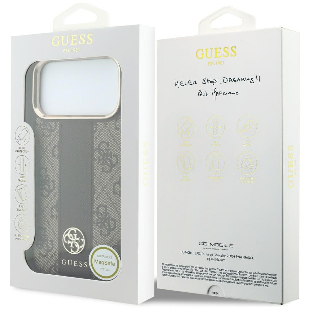 Etui MagSafe do Apple iPhone 18 Pro Max / 17 Pro Max, Guess, 4G Stripe Round Classic Logo, Brązowe