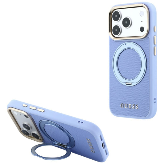 Etui MagSafe do Apple iPhone 18 Pro Max / 17 Pro Max, Guess, Grained Ring Stand 360 Classic, błękitny