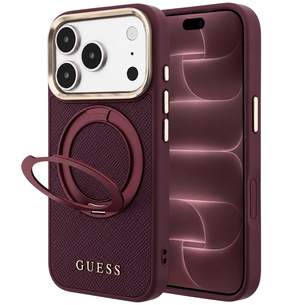 Etui MagSafe do Apple iPhone 18 Pro Max / 17 Pro Max, Guess, Grained Ring Stand 360 Classic, Wiśniowy