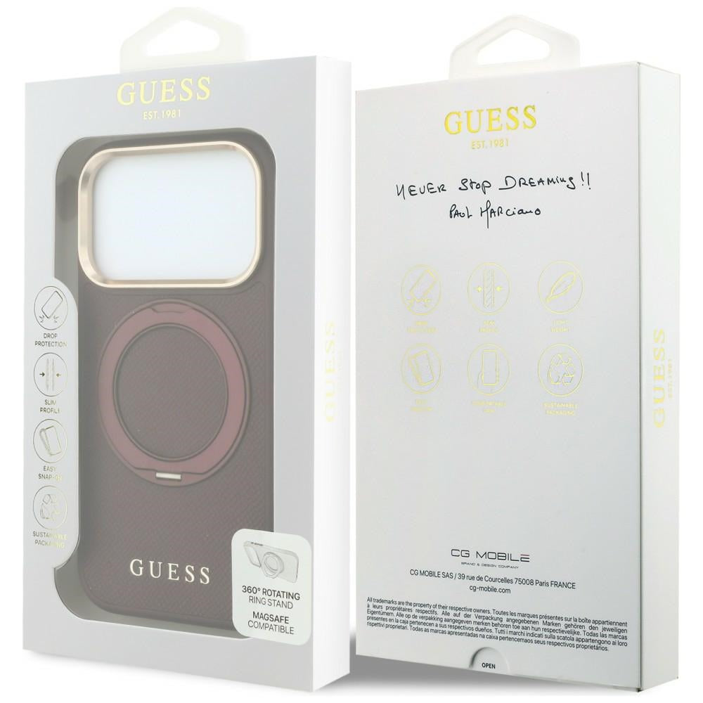 Etui MagSafe do Apple iPhone 18 Pro Max / 17 Pro Max, Guess, Grained Ring Stand 360 Classic, Wiśniowy