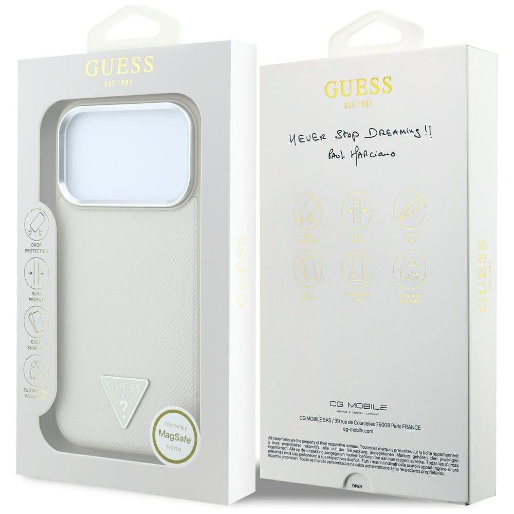 Etui MagSafe do Apple iPhone 18 Pro Max / 17 Pro Max, Guess, Logo Trójkątne z Teksturą, Beżowe