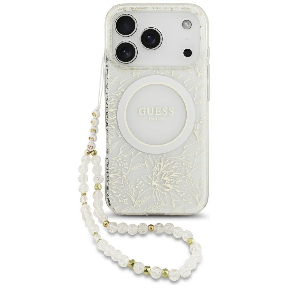 Etui MagSafe do Apple iPhone 18 Pro Max / 17 Pro Max, Guess, IML Flowers pokryte elektrolitycznie z perłowym paskiem, białe