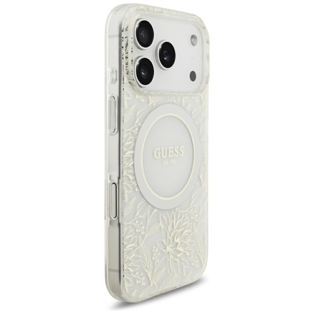 Etui MagSafe do Apple iPhone 18 Pro Max / 17 Pro Max, Guess, IML Flowers pokryte elektrolitycznie z perłowym paskiem, białe