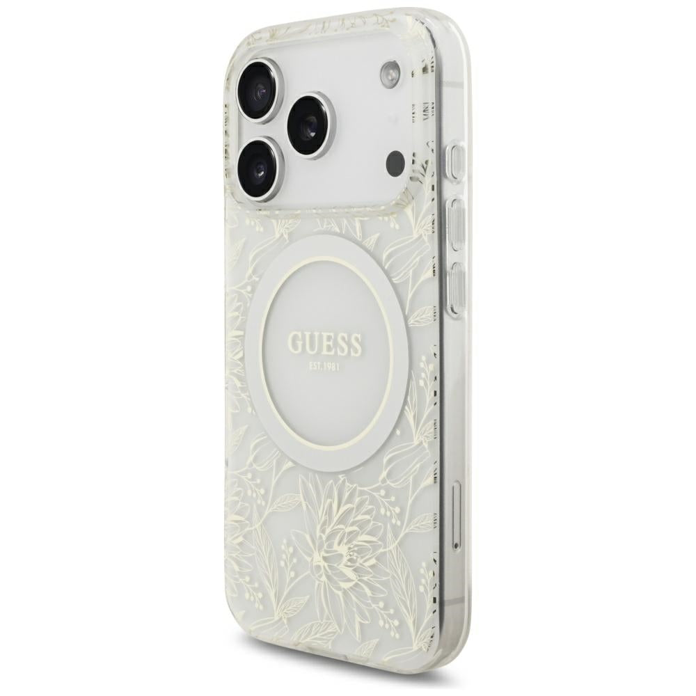 Etui MagSafe do Apple iPhone 18 Pro Max / 17 Pro Max, Guess, IML Flowers pokryte elektrolitycznie z perłowym paskiem, białe