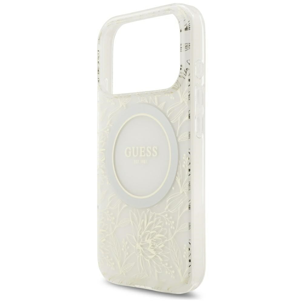 Etui MagSafe do Apple iPhone 18 Pro Max / 17 Pro Max, Guess, IML Flowers pokryte elektrolitycznie z perłowym paskiem, białe