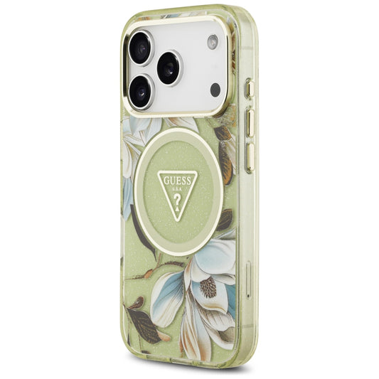 Etui MagSafe do Apple iPhone 18 Pro Max / 17 Pro Max, Guess, IML Metal Glitter Flowers Triangle, zielone
