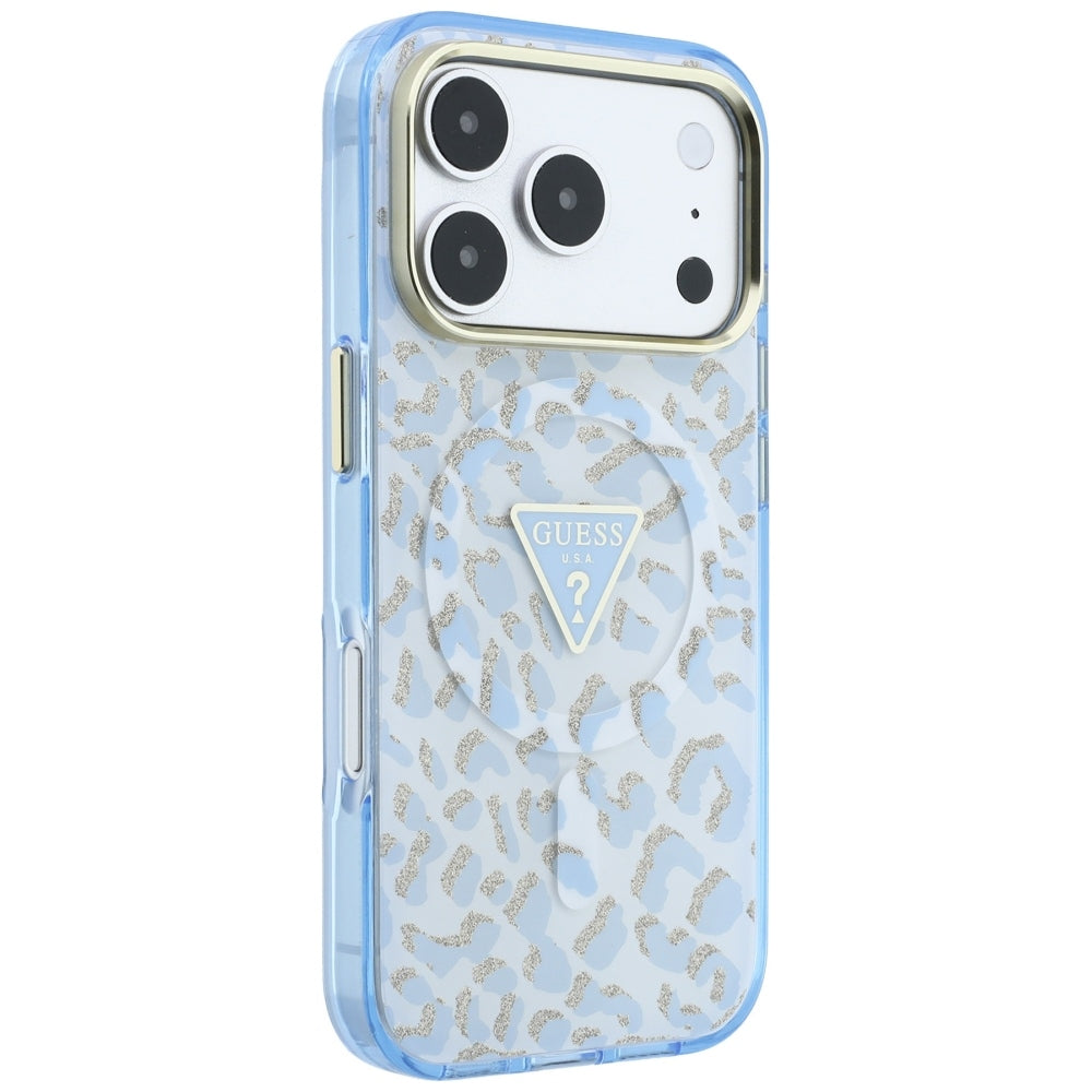 Etui MagSafe do Apple iPhone 18 Pro Max / 17 Pro Max, Guess, Leopard Glitter Triangle Logo, Bleu