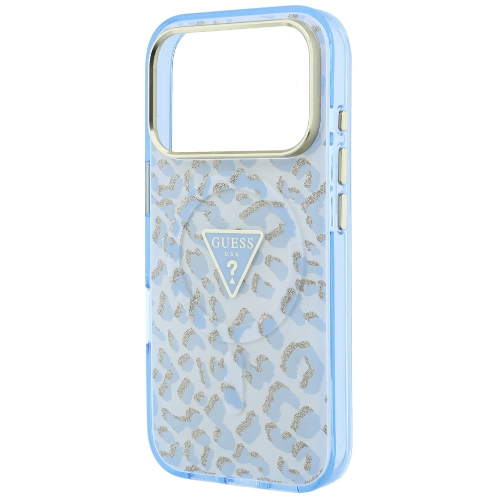 Etui MagSafe do Apple iPhone 18 Pro Max / 17 Pro Max, Guess, Leopard Glitter Triangle Logo, Bleu