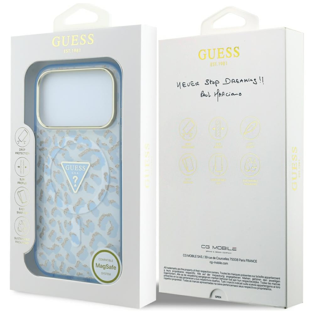 Etui MagSafe do Apple iPhone 18 Pro Max / 17 Pro Max, Guess, Leopard Glitter Triangle Logo, Bleu