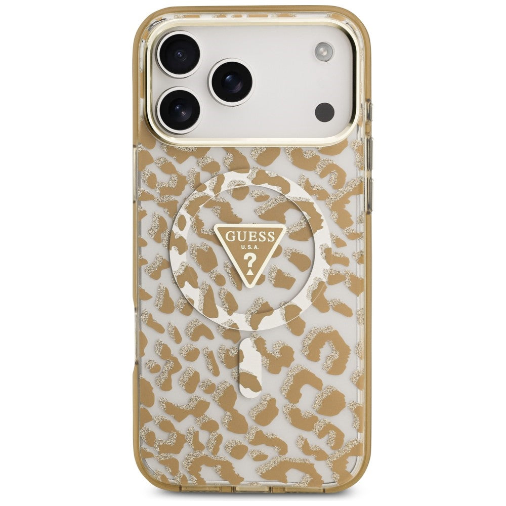 Etui MagSafe do Apple iPhone 18 Pro Max / 17 Pro Max, Guess, Leopard Glitter Triangle Logo, Brązowe