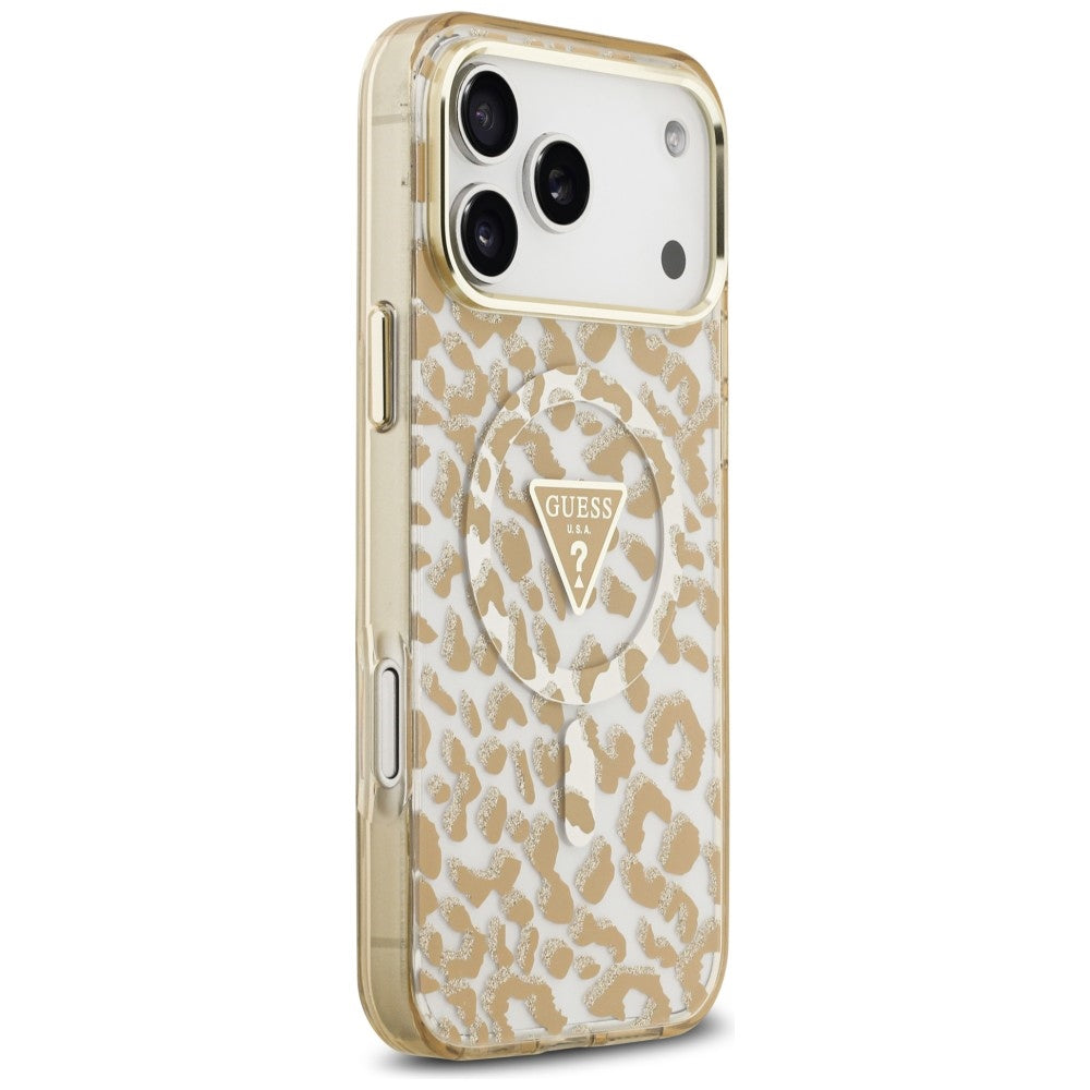 Etui MagSafe do Apple iPhone 18 Pro Max / 17 Pro Max, Guess, Leopard Glitter Triangle Logo, Brązowe