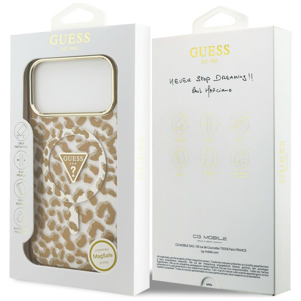 Etui MagSafe do Apple iPhone 18 Pro Max / 17 Pro Max, Guess, Leopard Glitter Triangle Logo, Brązowe