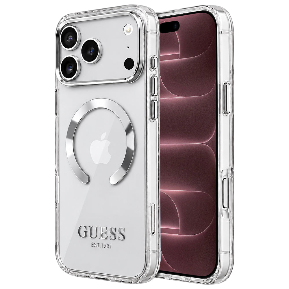 Etui MagSafe do Apple iPhone 18 Pro Max / 17 Pro Max, Guess, Metal Outline, Srebrne