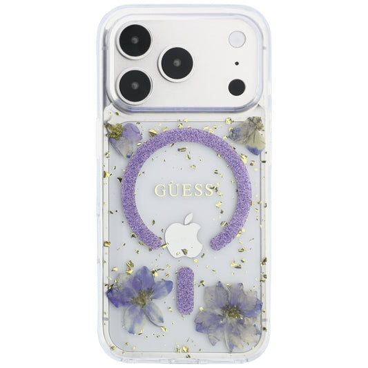 Etui MagSafe do Apple iPhone 18 Pro Max / 17 Pro Max, Guess, Kwiaty z żywicy i brokat, Fioletowy