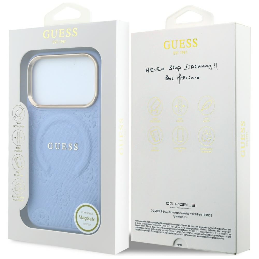 Etui MagSafe do Apple iPhone 18 Pro Max / 17 Pro Max, Guess, Saffiano Peony Ring, Bleu