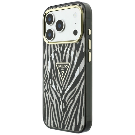 Etui MagSafe do Apple iPhone 18 Pro Max / 17 Pro Max, Guess, Zebra Glitter Triangle Logo, Srebrne