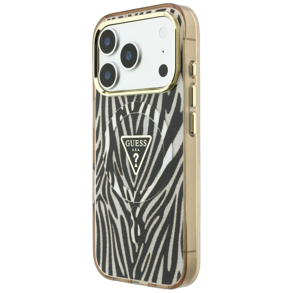Etui MagSafe do Apple iPhone 18 Pro Max / 17 Pro Max, Guess, Zebra Glitter Triangle Logo, Złote