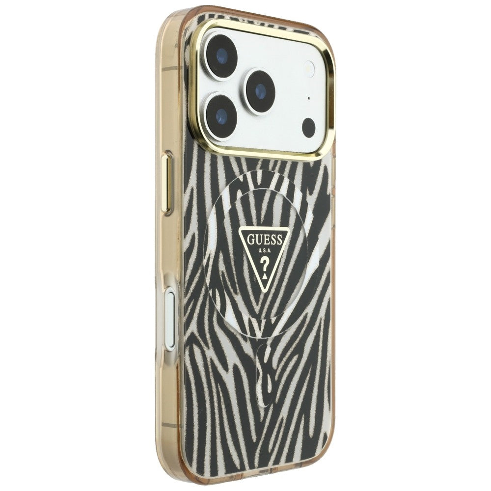 Etui MagSafe do Apple iPhone 18 Pro Max / 17 Pro Max, Guess, Zebra Glitter Triangle Logo, Złote