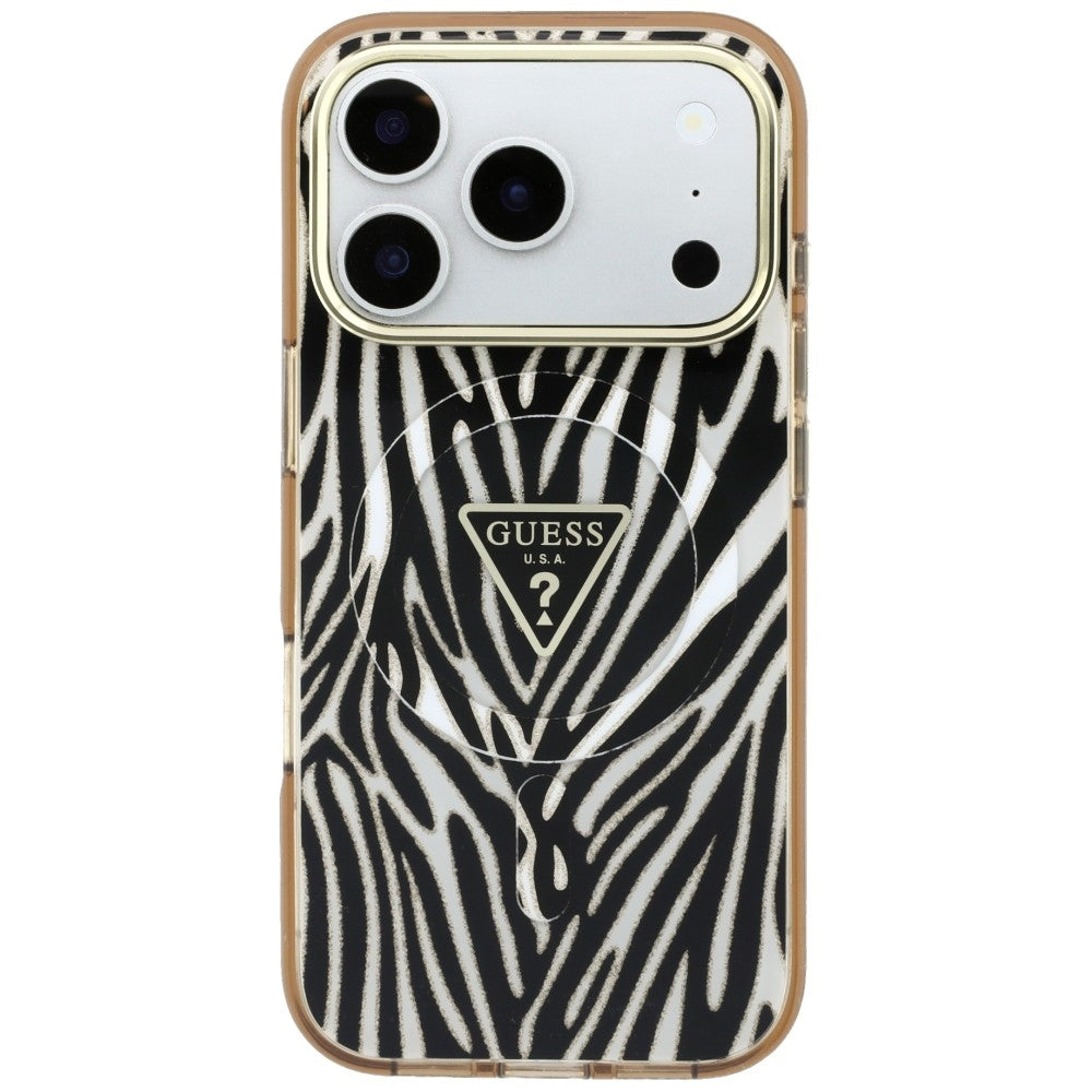 Etui MagSafe do Apple iPhone 18 Pro Max / 17 Pro Max, Guess, Zebra Glitter Triangle Logo, Złote