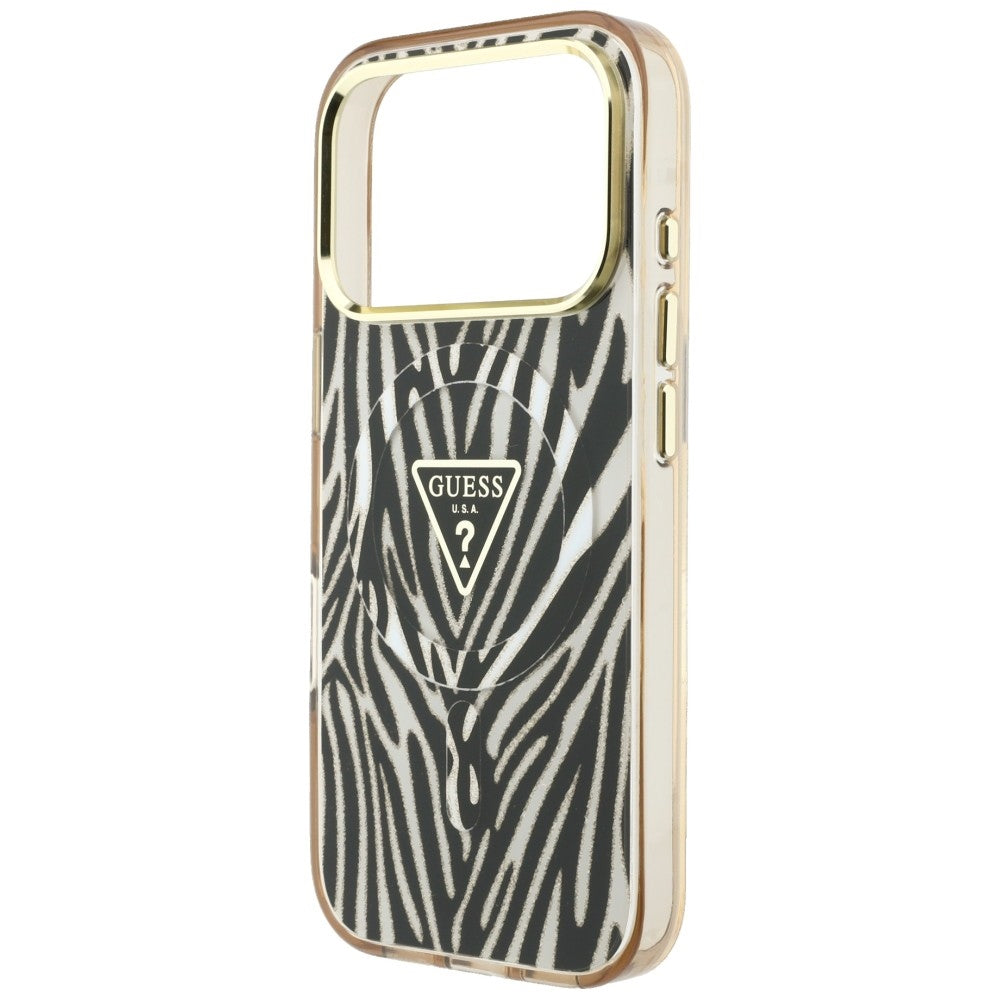 Etui MagSafe do Apple iPhone 18 Pro Max / 17 Pro Max, Guess, Zebra Glitter Triangle Logo, Złote