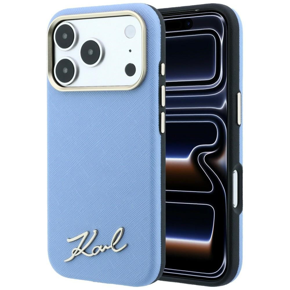 Etui MagSafe do Apple iPhone 18 Pro Max / 17 Pro Max, Karl Lagerfeld, Saffiano Small Script Metal Logo, Bleu