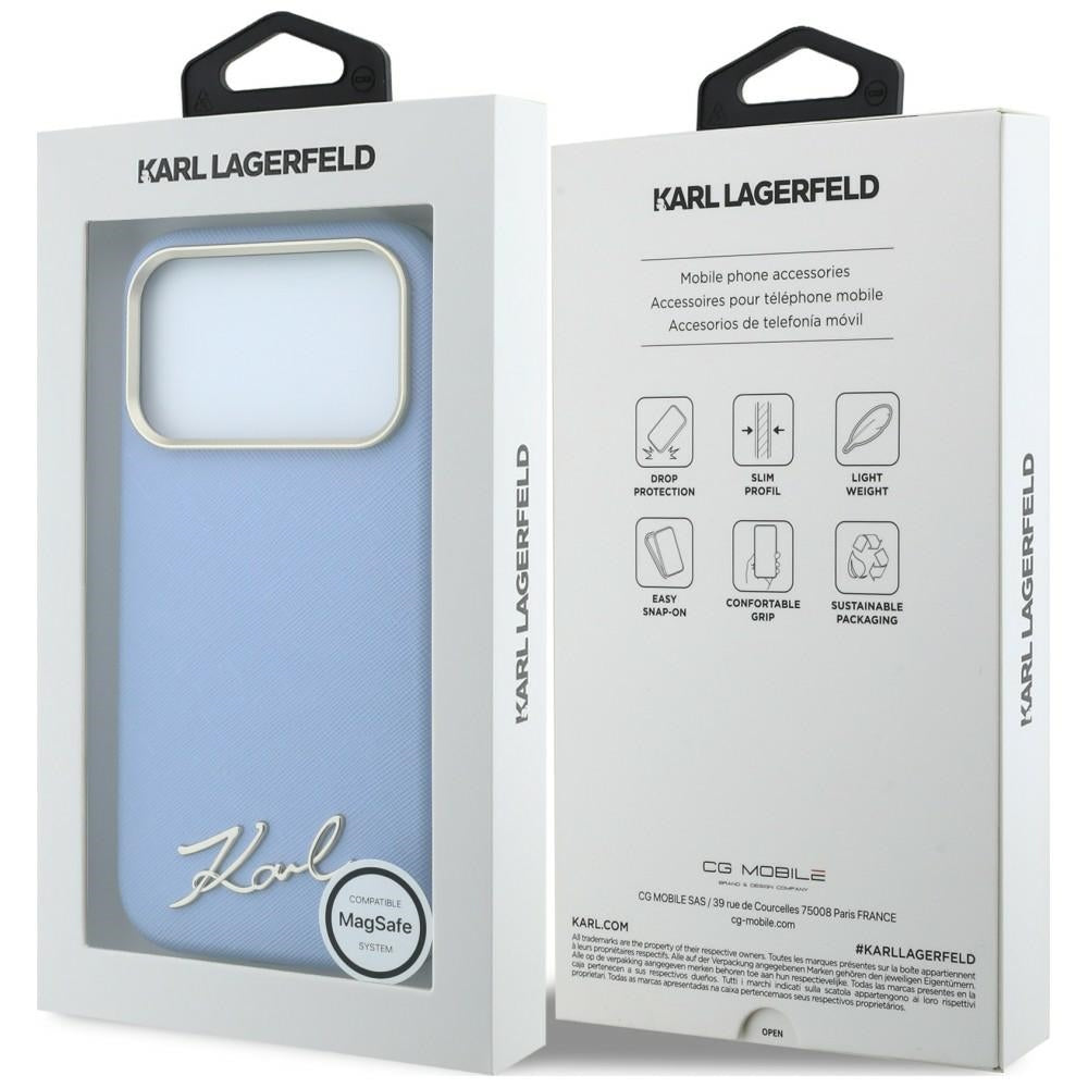 Etui MagSafe do Apple iPhone 18 Pro Max / 17 Pro Max, Karl Lagerfeld, Saffiano Small Script Metal Logo, Bleu