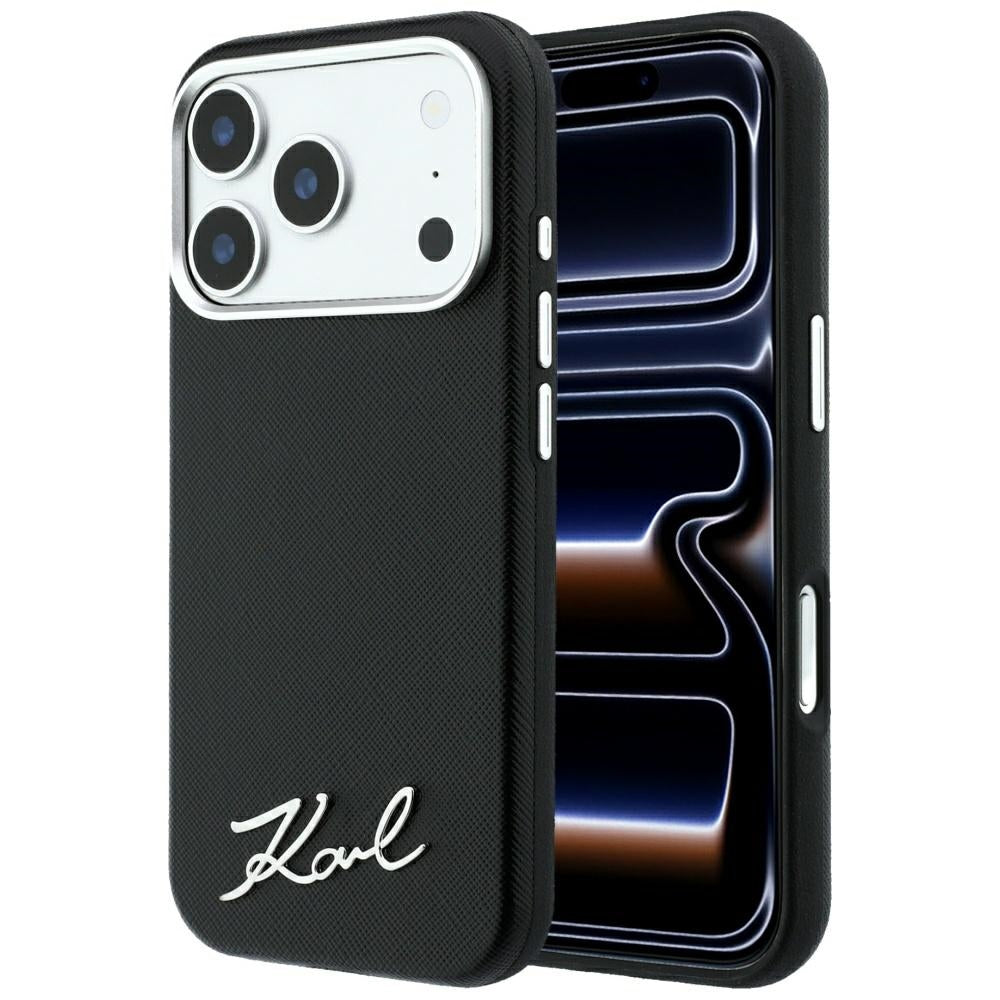 Etui MagSafe do Apple iPhone 18 Pro Max / 17 Pro Max, Karl Lagerfeld, Saffiano Small Script Metal Logo, czarne