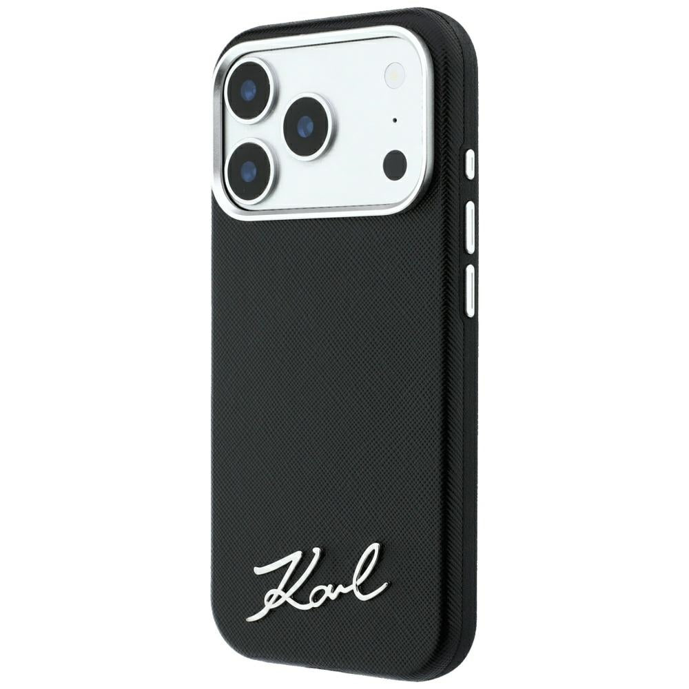 Etui MagSafe do Apple iPhone 18 Pro Max / 17 Pro Max, Karl Lagerfeld, Saffiano Small Script Metal Logo, czarne