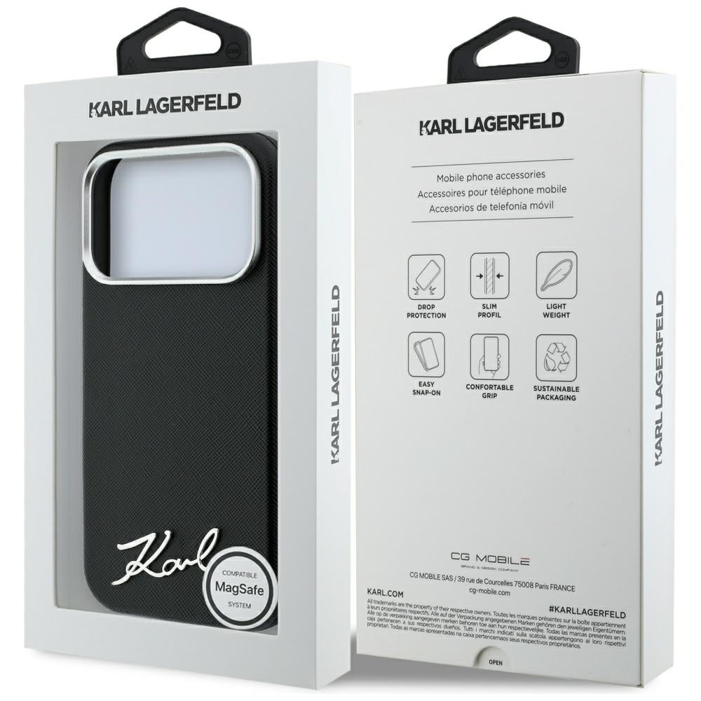 Etui MagSafe do Apple iPhone 18 Pro Max / 17 Pro Max, Karl Lagerfeld, Saffiano Small Script Metal Logo, czarne