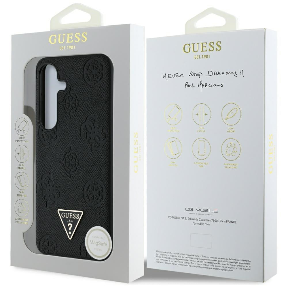 Etui MagSafe dla Samsung Galaxy S25 S931, Guess, Peony Grained Hot Stamp Triangle, Czarne