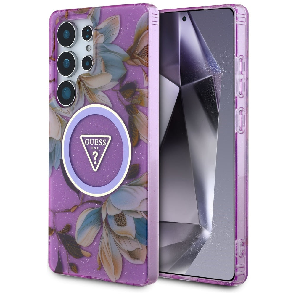 Etui MagSafe dla Samsung Galaxy S25 Ultra S938, Guess, IML Metal Glitter Flowers Triangle, Fioletowy