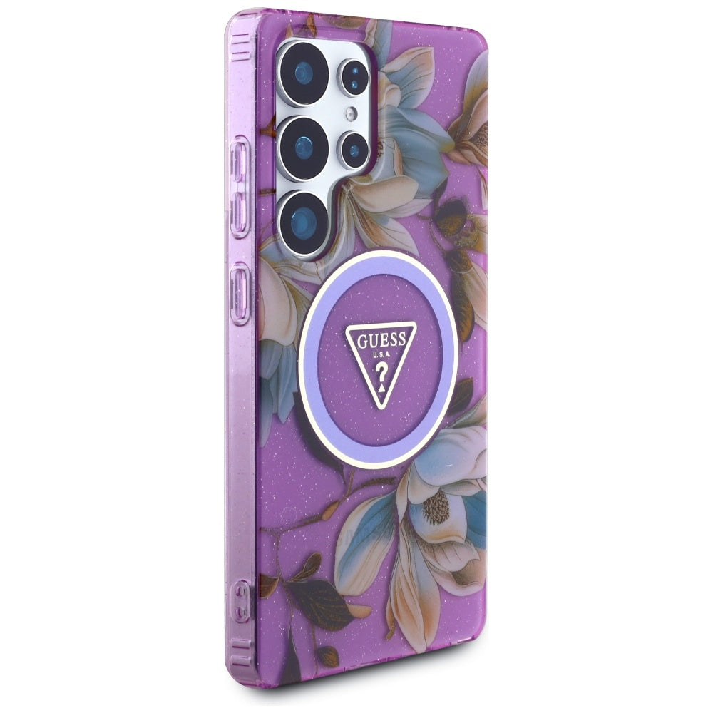 Etui MagSafe dla Samsung Galaxy S25 Ultra S938, Guess, IML Metal Glitter Flowers Triangle, Fioletowy