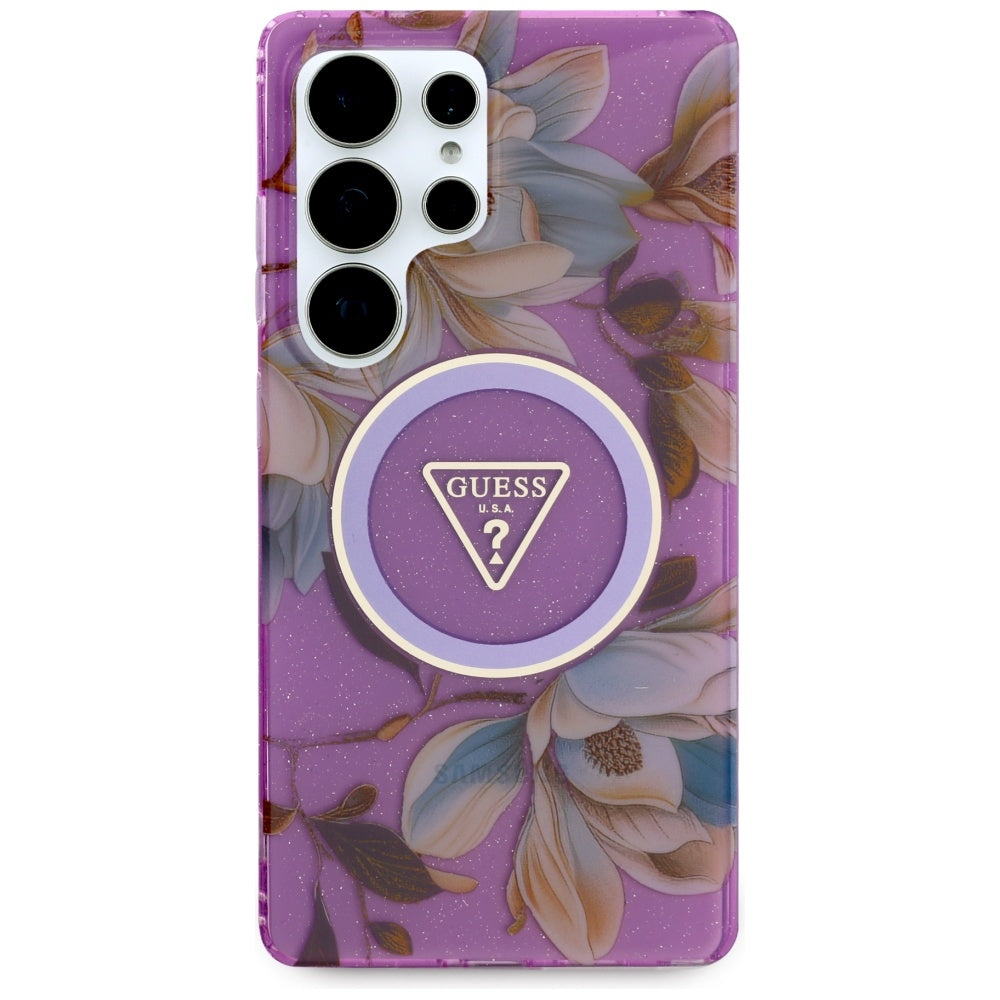 Etui MagSafe dla Samsung Galaxy S25 Ultra S938, Guess, IML Metal Glitter Flowers Triangle, Fioletowy