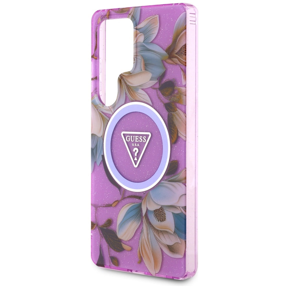 Etui MagSafe dla Samsung Galaxy S25 Ultra S938, Guess, IML Metal Glitter Flowers Triangle, Fioletowy