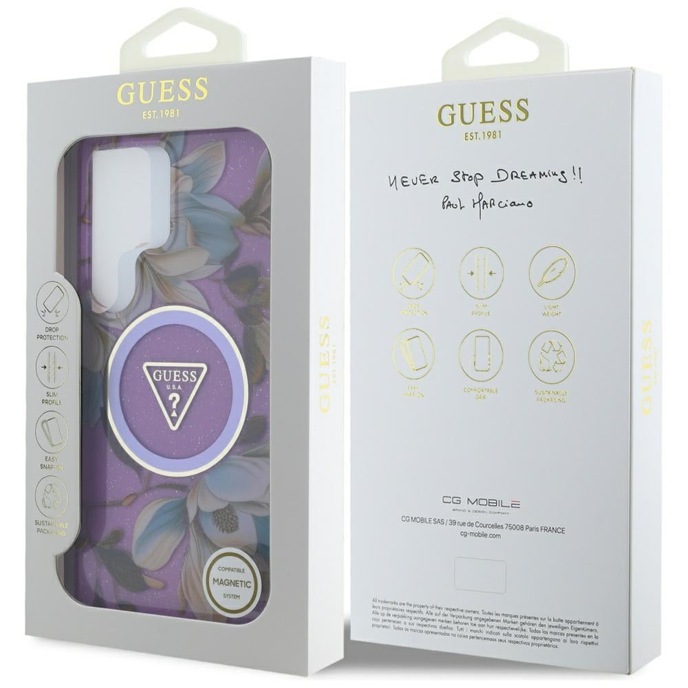 Etui MagSafe dla Samsung Galaxy S25 Ultra S938, Guess, IML Metal Glitter Flowers Triangle, Fioletowy