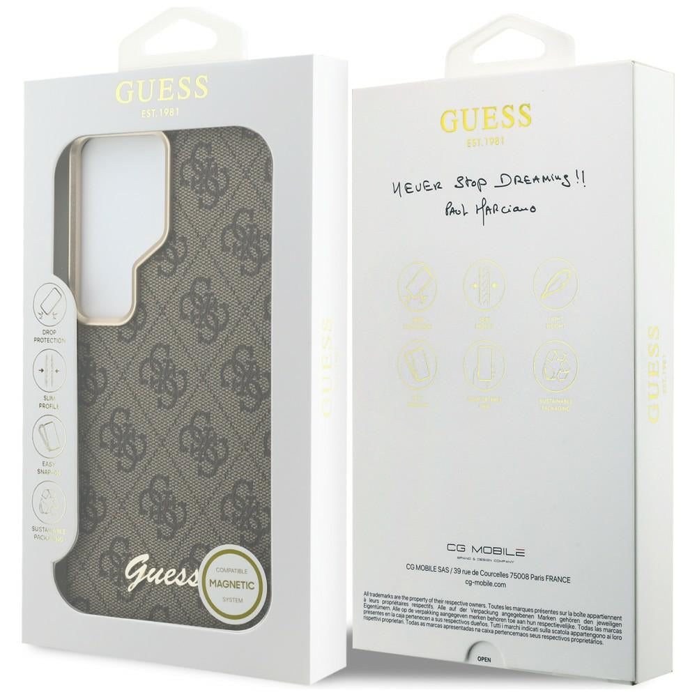 Etui MagSafe dla Samsung Galaxy S26 S942, Guess, 4G Script Logo, Brązowy