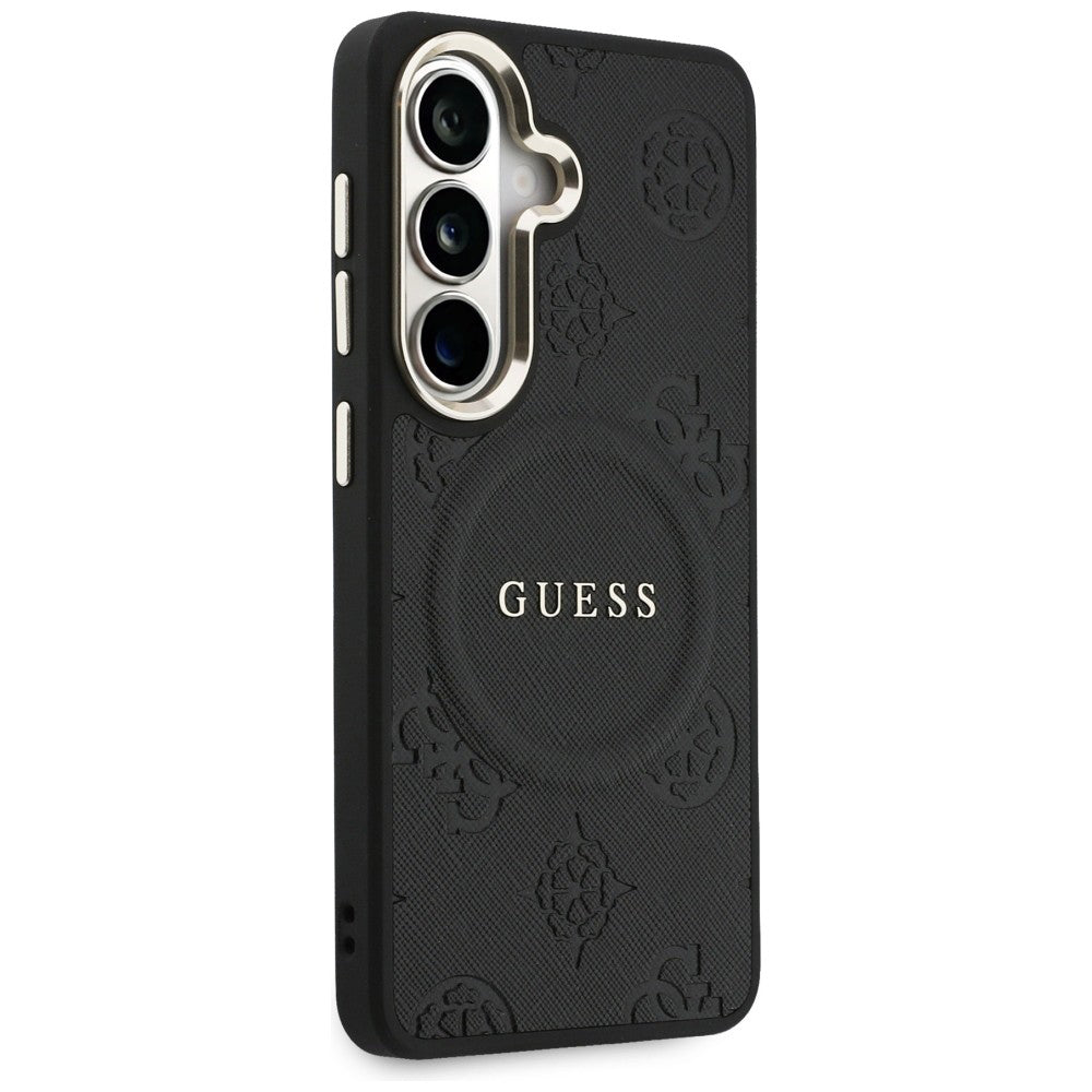 Etui MagSafe dla Samsung Galaxy S26 S942, Guess, Saffiano Peony Embossed Ring, Czarne