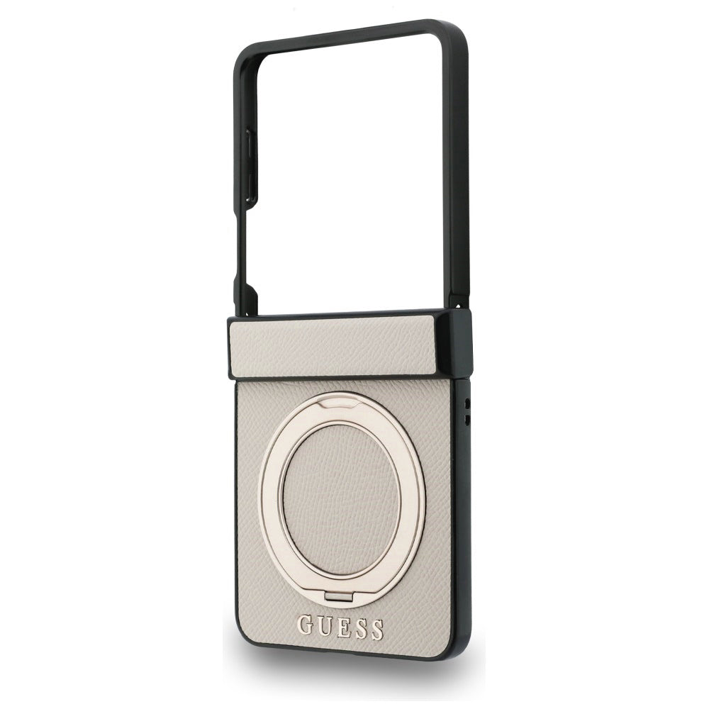 MagSafe Case for Samsung Galaxy Z Flip8 F776, Guess, Ring Stand Grained Classic Logo, Beige