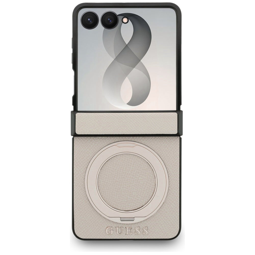 MagSafe Case for Samsung Galaxy Z Flip8 F776, Guess, Ring Stand Grained Classic Logo, Beige