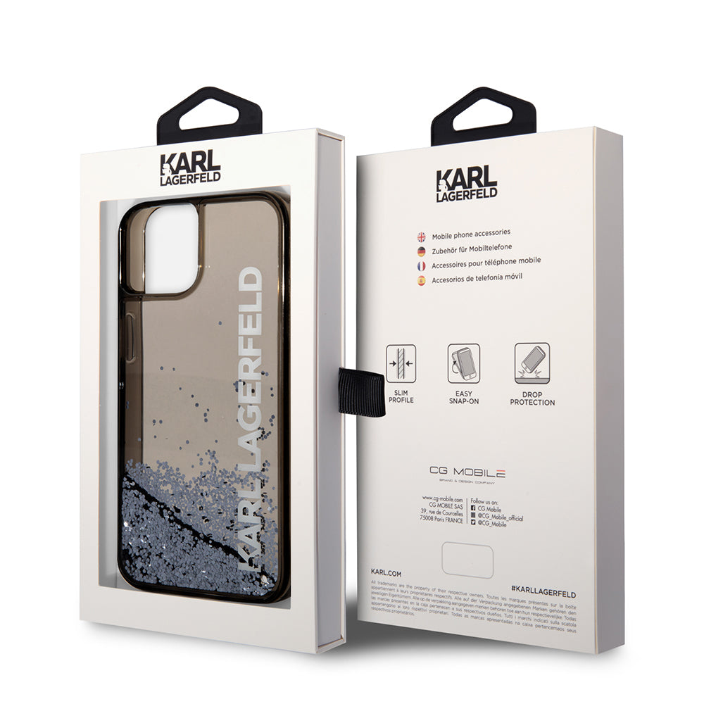 Etui na Apple iPhone 14, Karl Lagerfeld, Liquid Glitter KL Logo, Czarne
