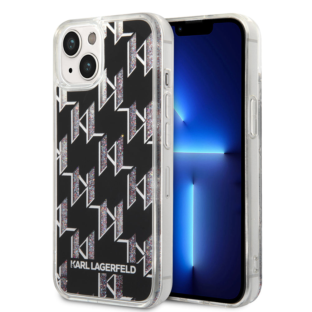 Etui na Apple iPhone 14, Karl Lagerfeld, Liquid Glitter Monogram, Czarne