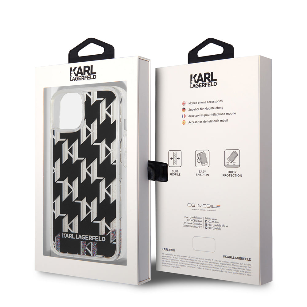 Etui na Apple iPhone 14, Karl Lagerfeld, Liquid Glitter Monogram, Czarne