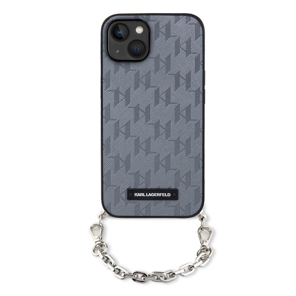 Etui na Apple iPhone 14, Karl Lagerfeld, Saffiano Monogram Chain, Srebrne