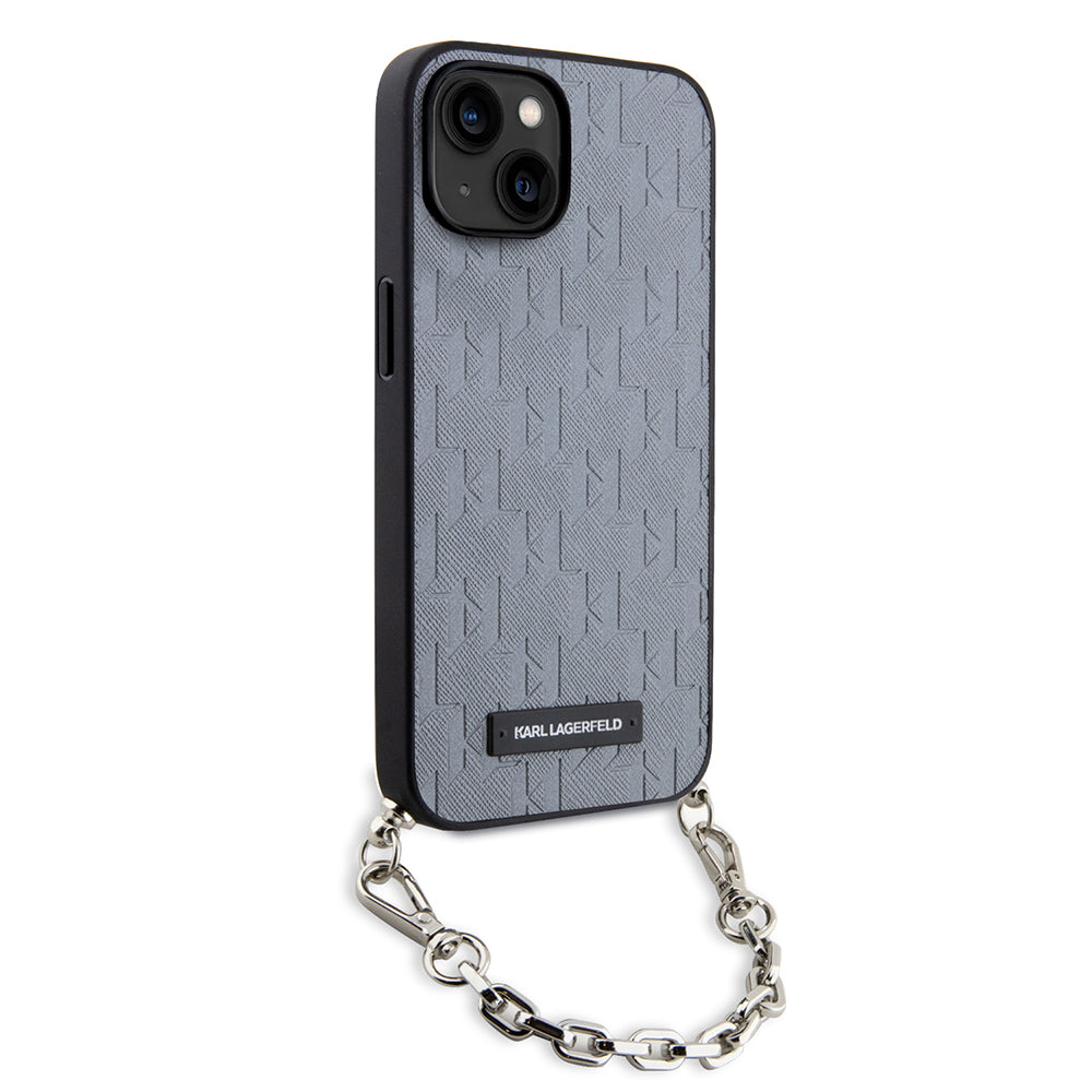 Etui na Apple iPhone 14, Karl Lagerfeld, Saffiano Monogram Chain, Srebrne