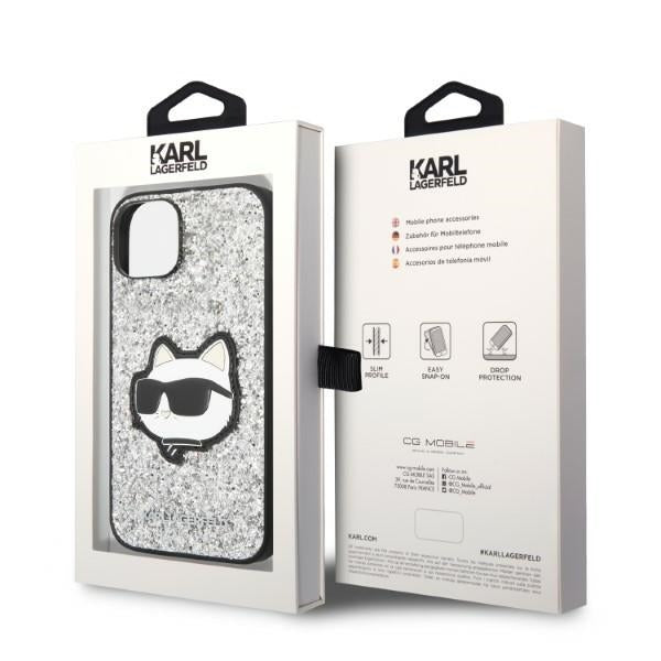Etui na Apple iPhone 14 Plus, Karl Lagerfeld, Glitter Choupette Patch, Srebrne.
